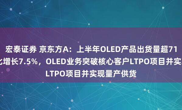 宏泰证券 京东方A：上半年OLED产品出货量超7100万片同比增长7.5%，OLED业务突破核心客户LTPO项目并实现量产供货